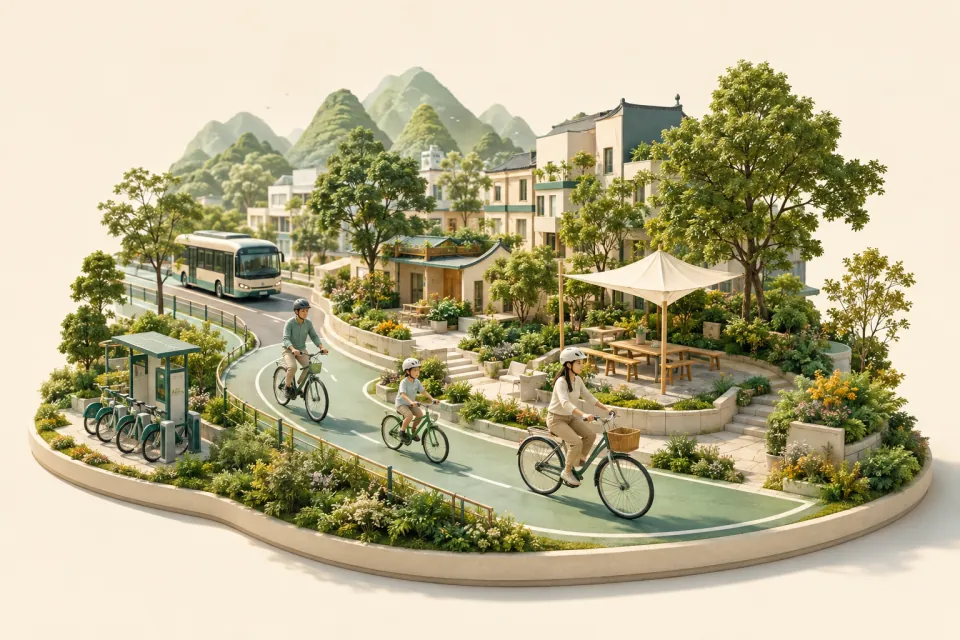 一家三口佩戴头盔沿独立绿道骑行的概念插画
